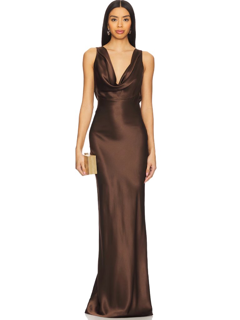 Michael Lo Sordo Drape Front Maxi Dress In Chocolate Brown Silk Formal Gown Xs